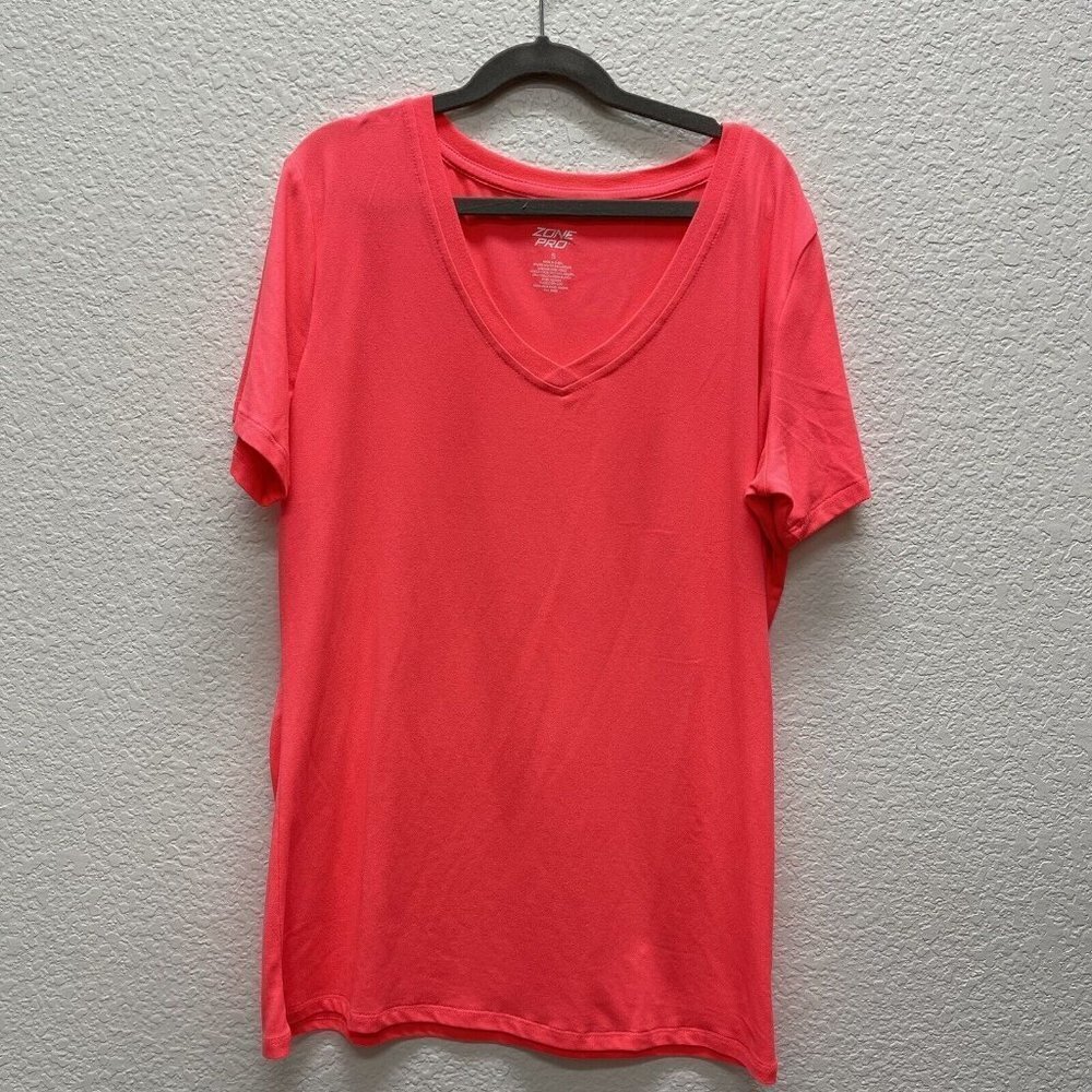 Zone Pro V-Neck Short Sleeve Activewear T-shirt Bright Pink Orange Coral - Small
